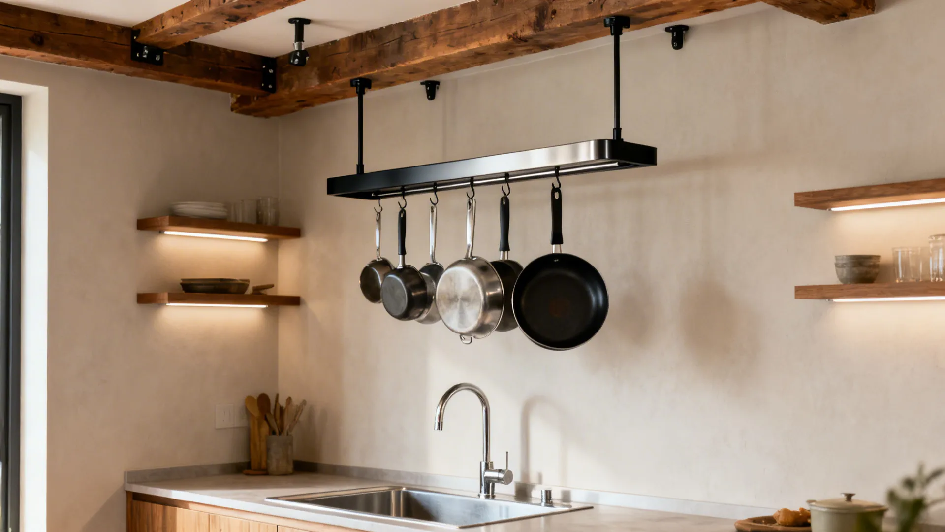Slim ceiling-hung pot rack over a sink run holding neatly spaced pans in a small kitchen.