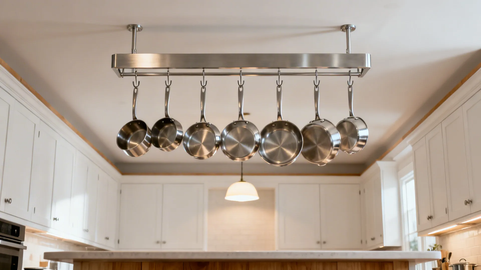 Brushed stainless ceiling pot rack over a peninsula displaying a curated set of pans in a compact galley kitchen.