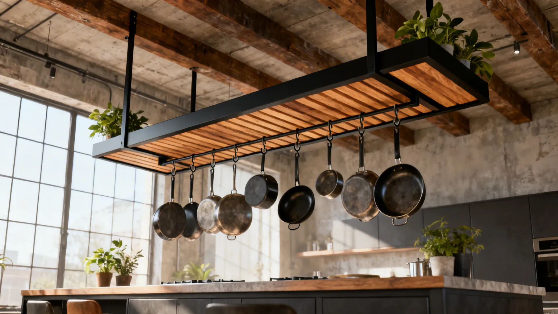 Loft kitchen island with oak-and-steel ceiling pot rack holding pans and plants.