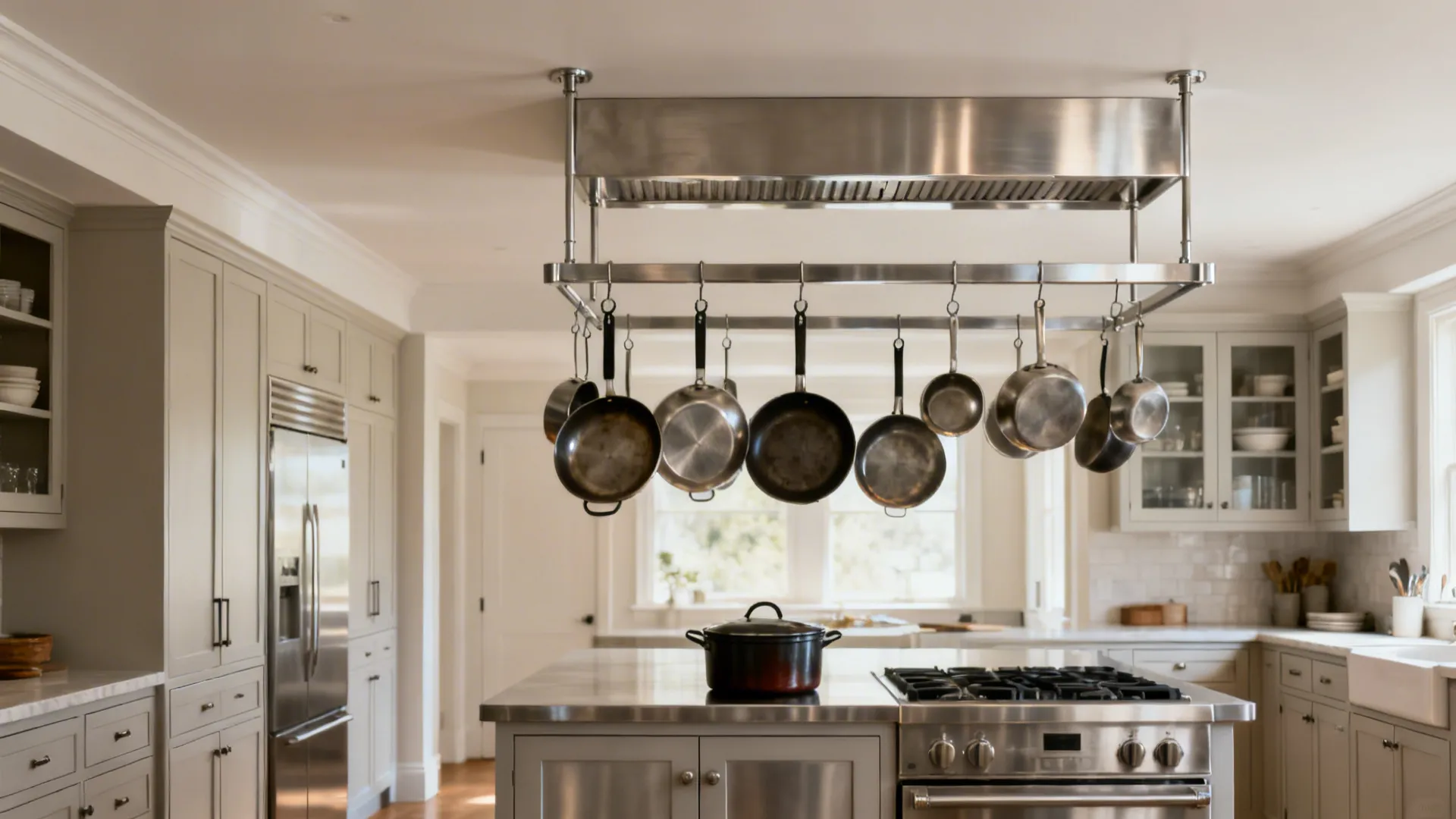 Ceiling-Mounted Pot Rack in Brushed Steel