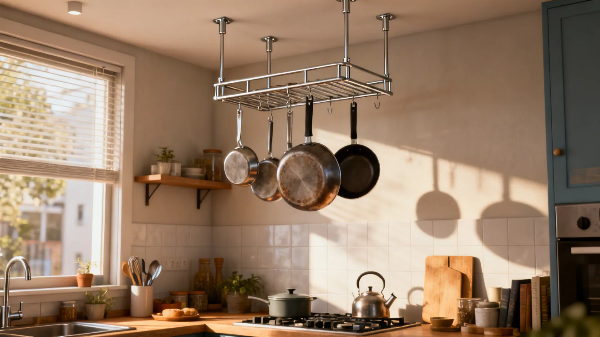 Compact ceiling-mounted pot rack securely anchored in a small kitchen, keeping counters clear.