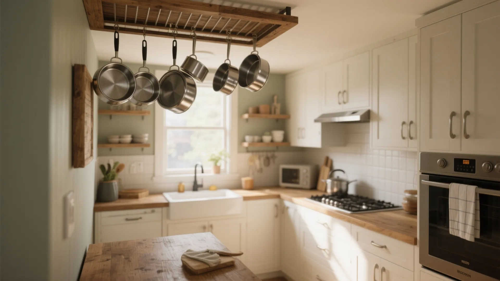 Metal pot rack hanging from wooden ceiling frame in a bright kitchen with white cabinet furniture