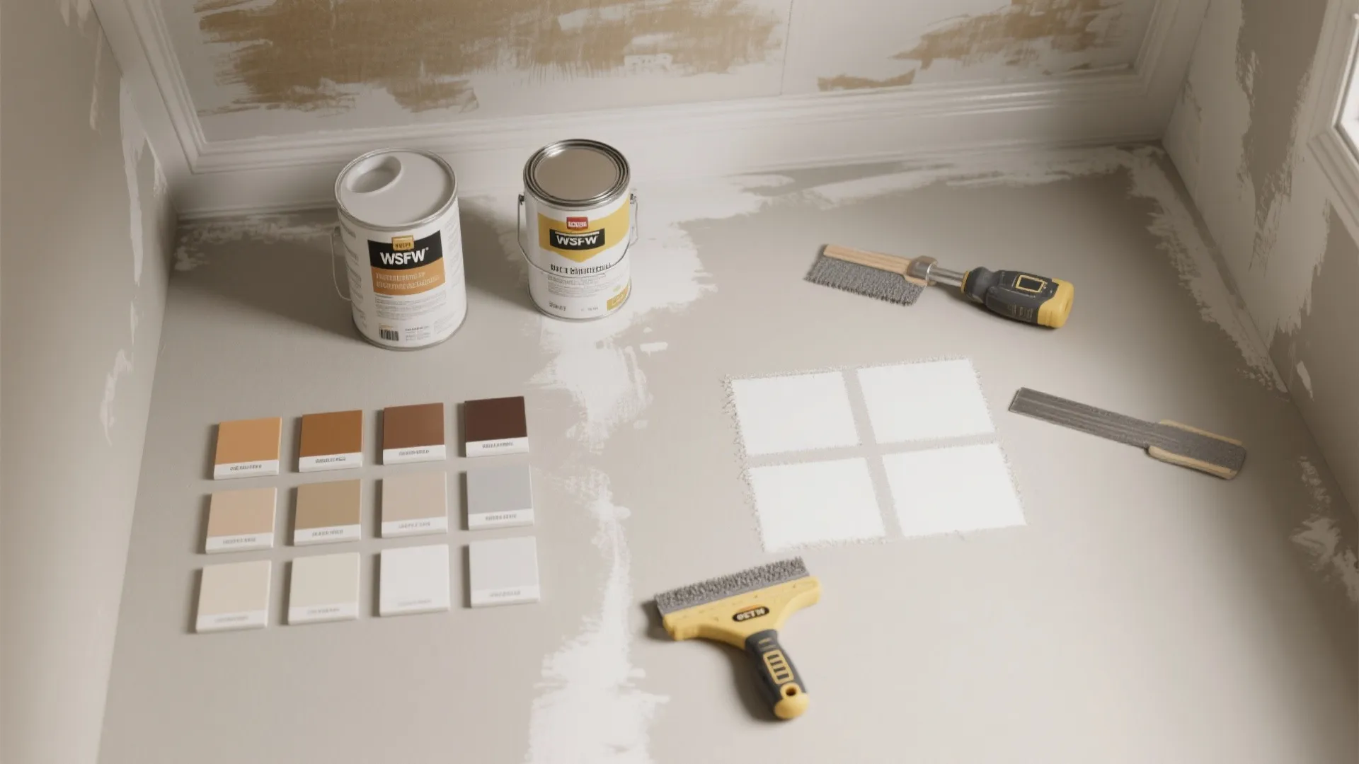 Paint cans brushes tools and color samples on grey floor for an interior painting prep