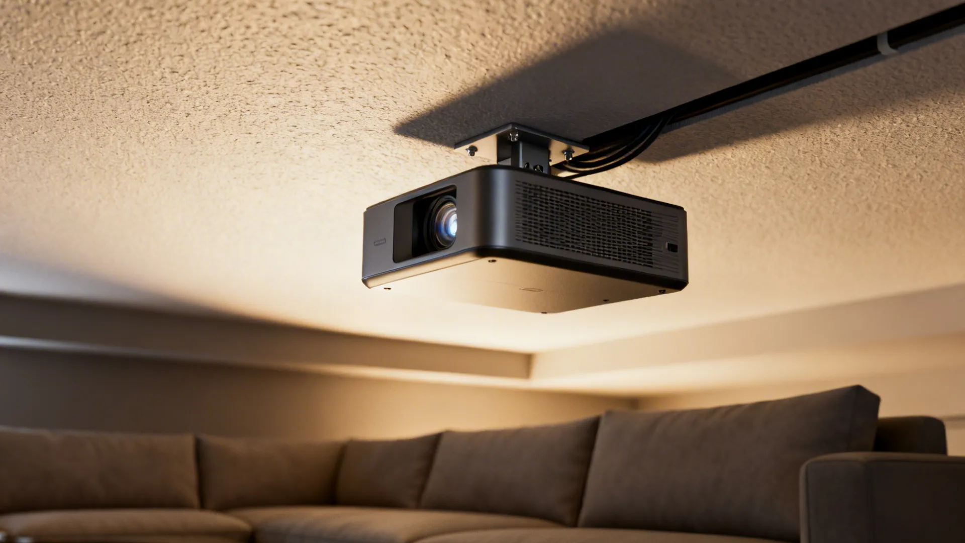 Compact projector flush-mounted to a living room ceiling with concealed cables.