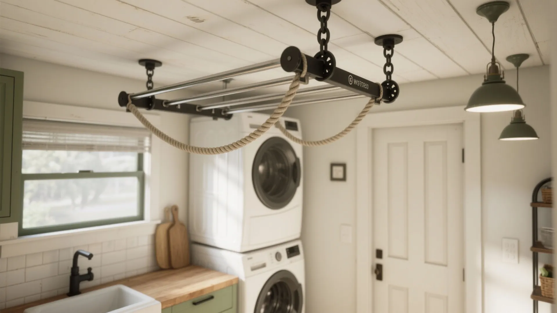 Modern laundry room featuring a ceiling hanging clothes rack with rope pulleys and white appliances