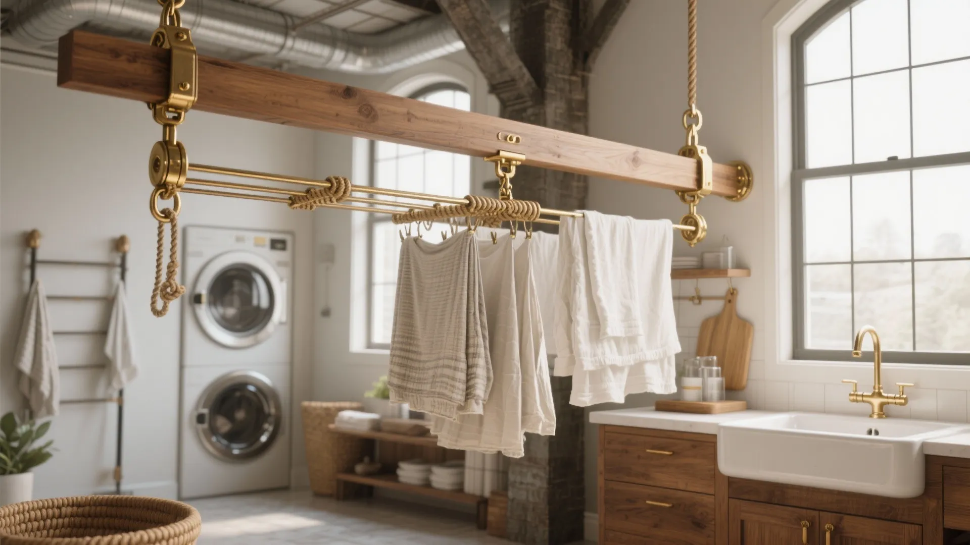 Vintage laundry room featuring a ceiling wooden drying rack with towels hanging over white sink