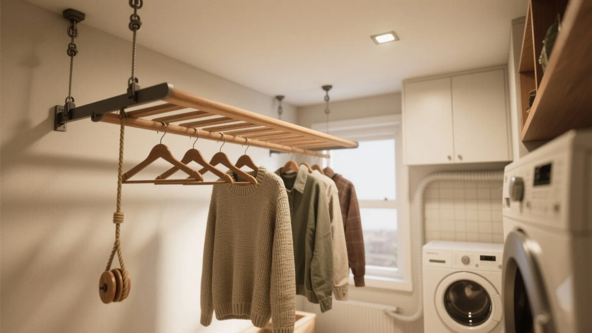 Wooden ceiling laundry drying rack with hanging clothes next to a white washing machine appliance