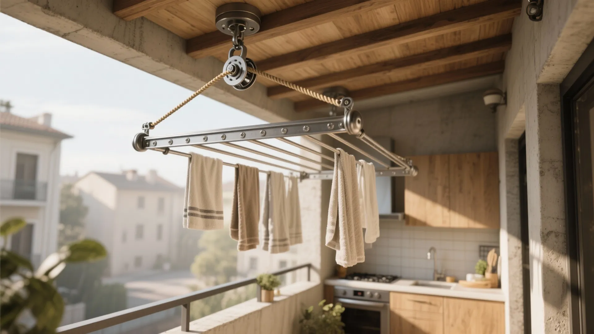 Metal laundry drying rack with pulley system installed on a balcony ceiling with hanging towels