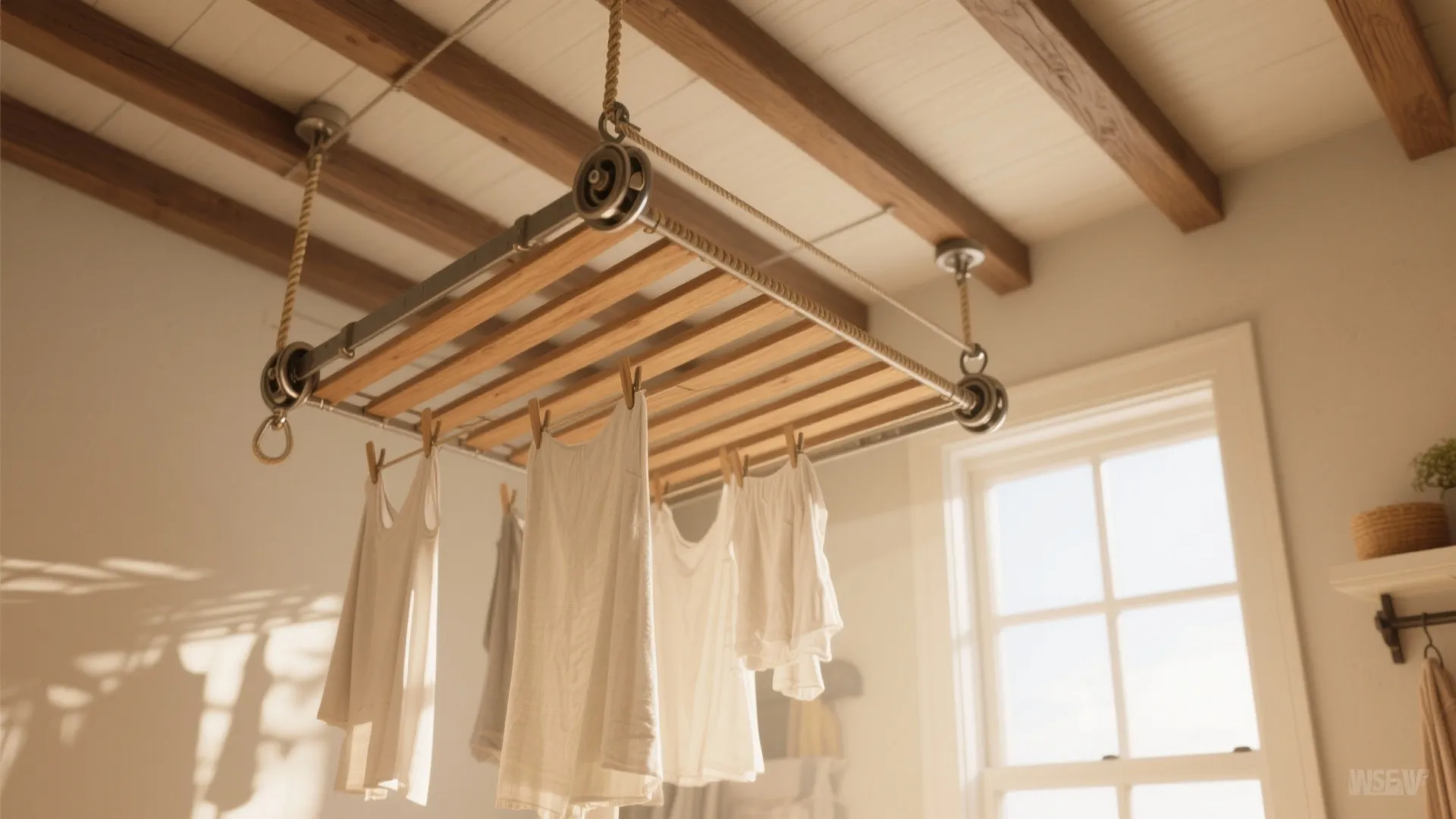 Ceiling pulley airer hoisting clothes near the ceiling in a bright laundry area.