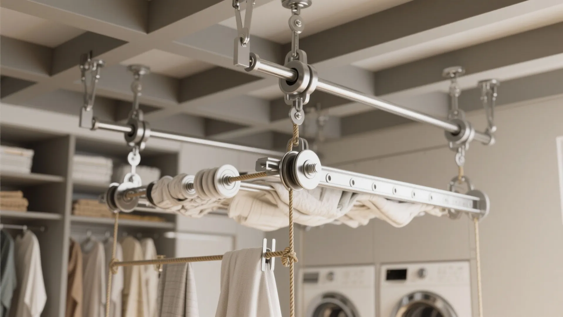 Top-down view of a lowered ceiling pulley drying system with stainless fittings and heavy linens.