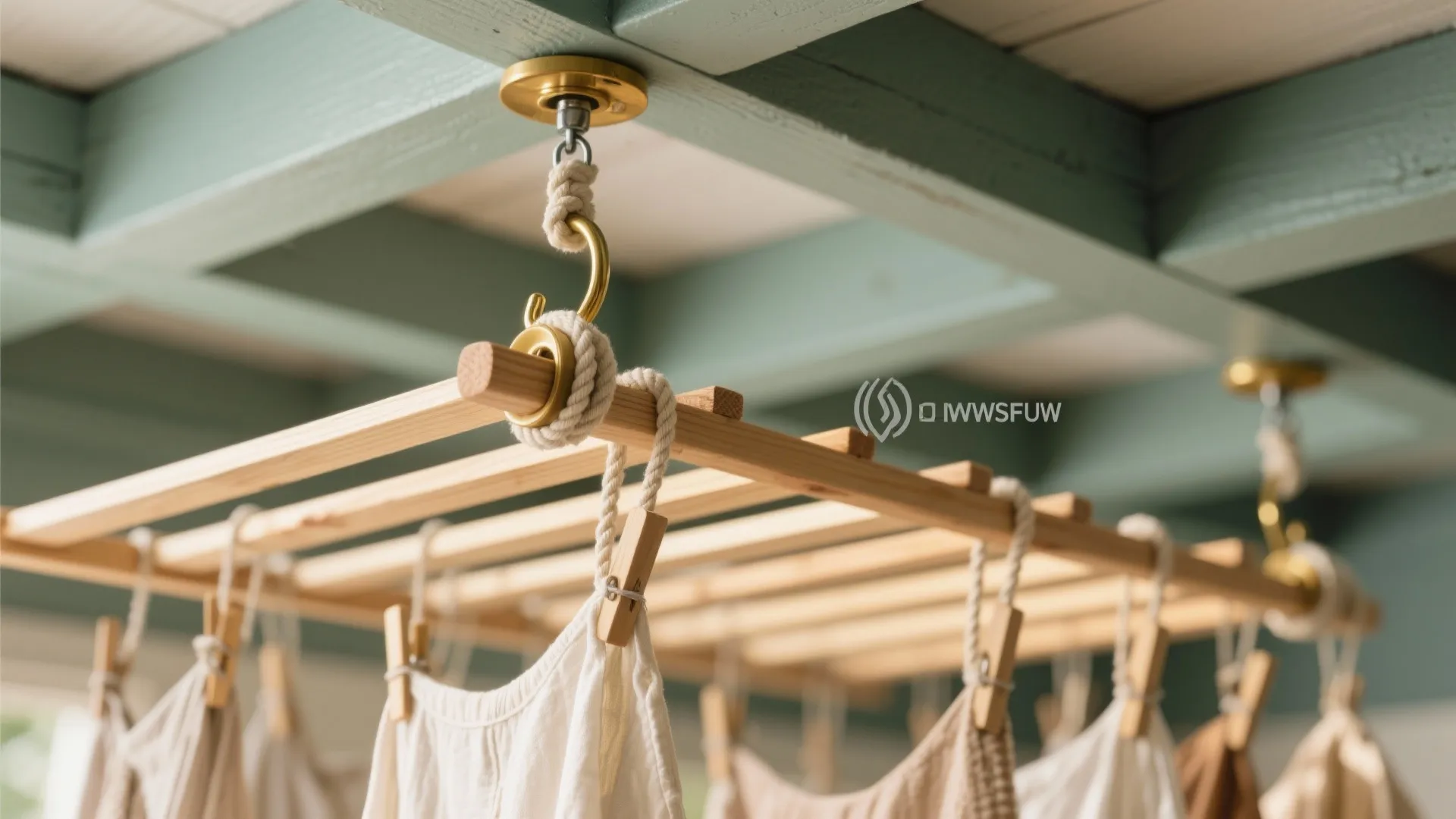 Wooden clothes drying rack hanging from a green ceiling using gold hooks and white ropes