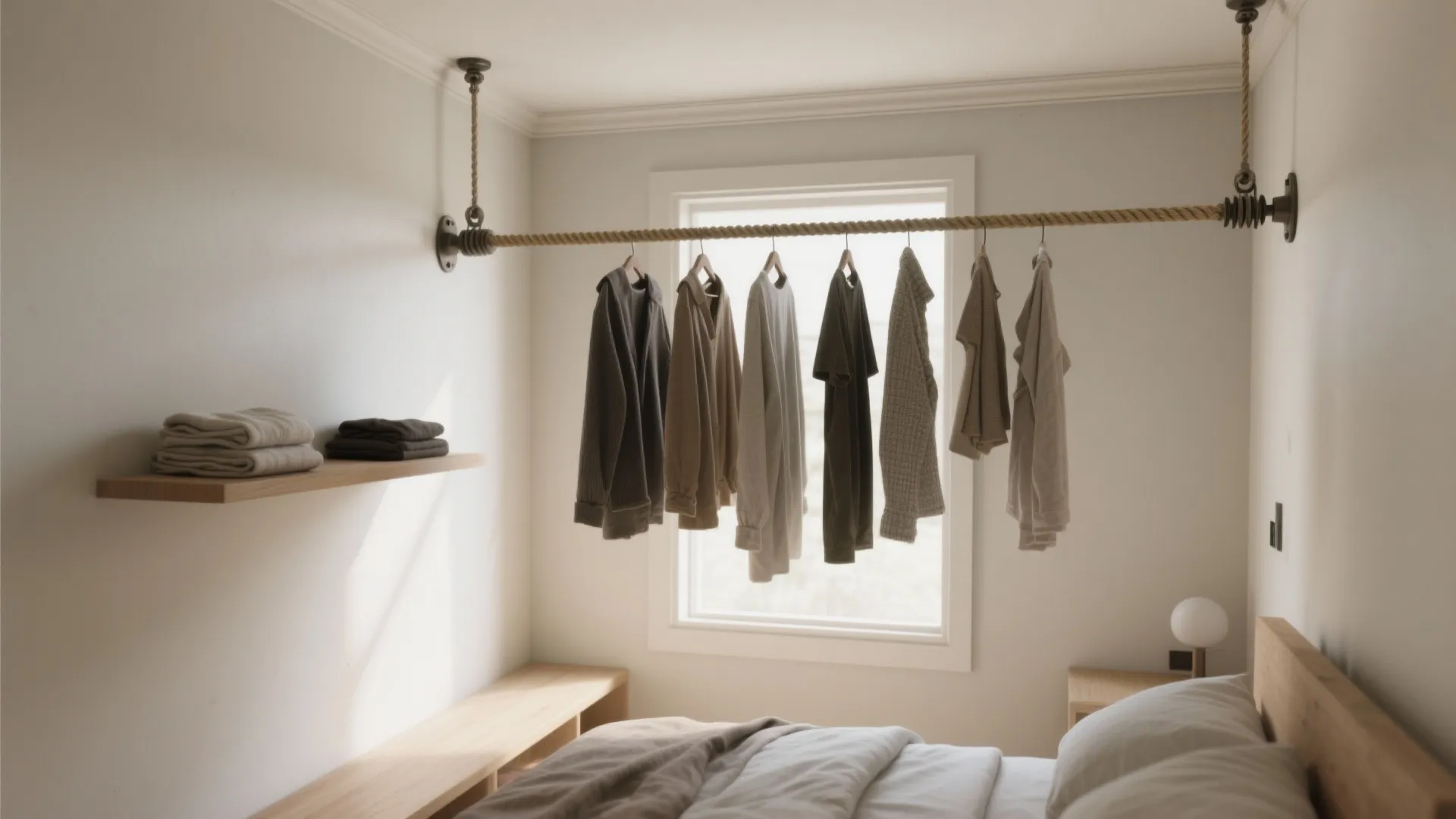 Modern bedroom with a unique rope clothes hanging rod fixed between the walls and ceiling