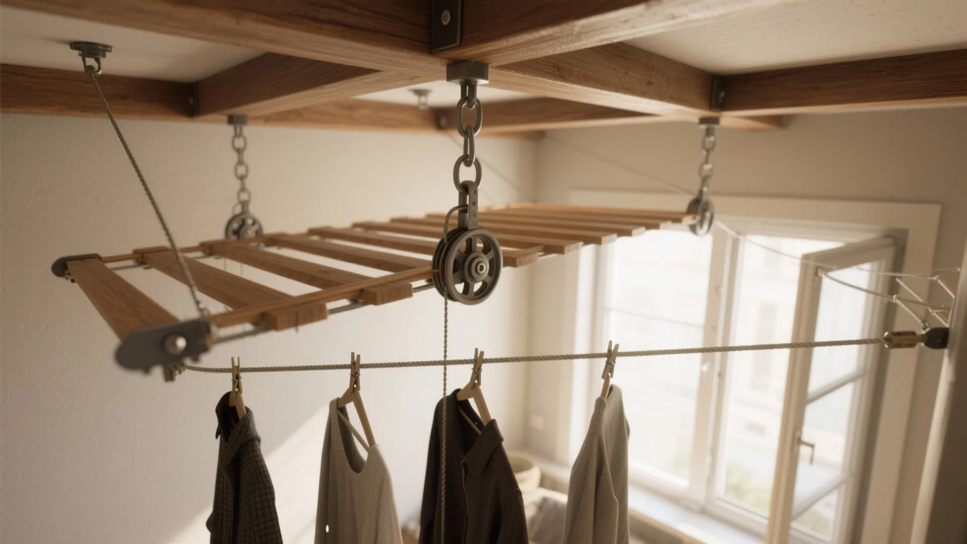 Wooden ceiling clothes drying rack with pulley system and shirts hanging on a white line