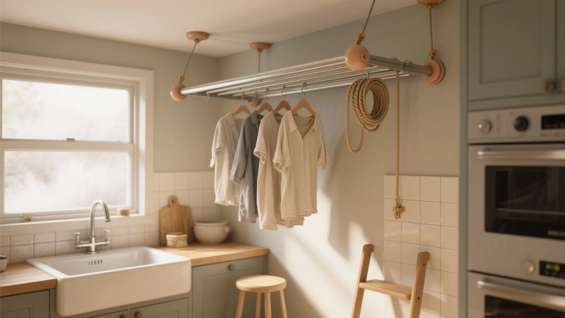 Ceiling-mounted pulley drying rack lowered over a kitchen sink with garments hanging and a slim stool nearby.