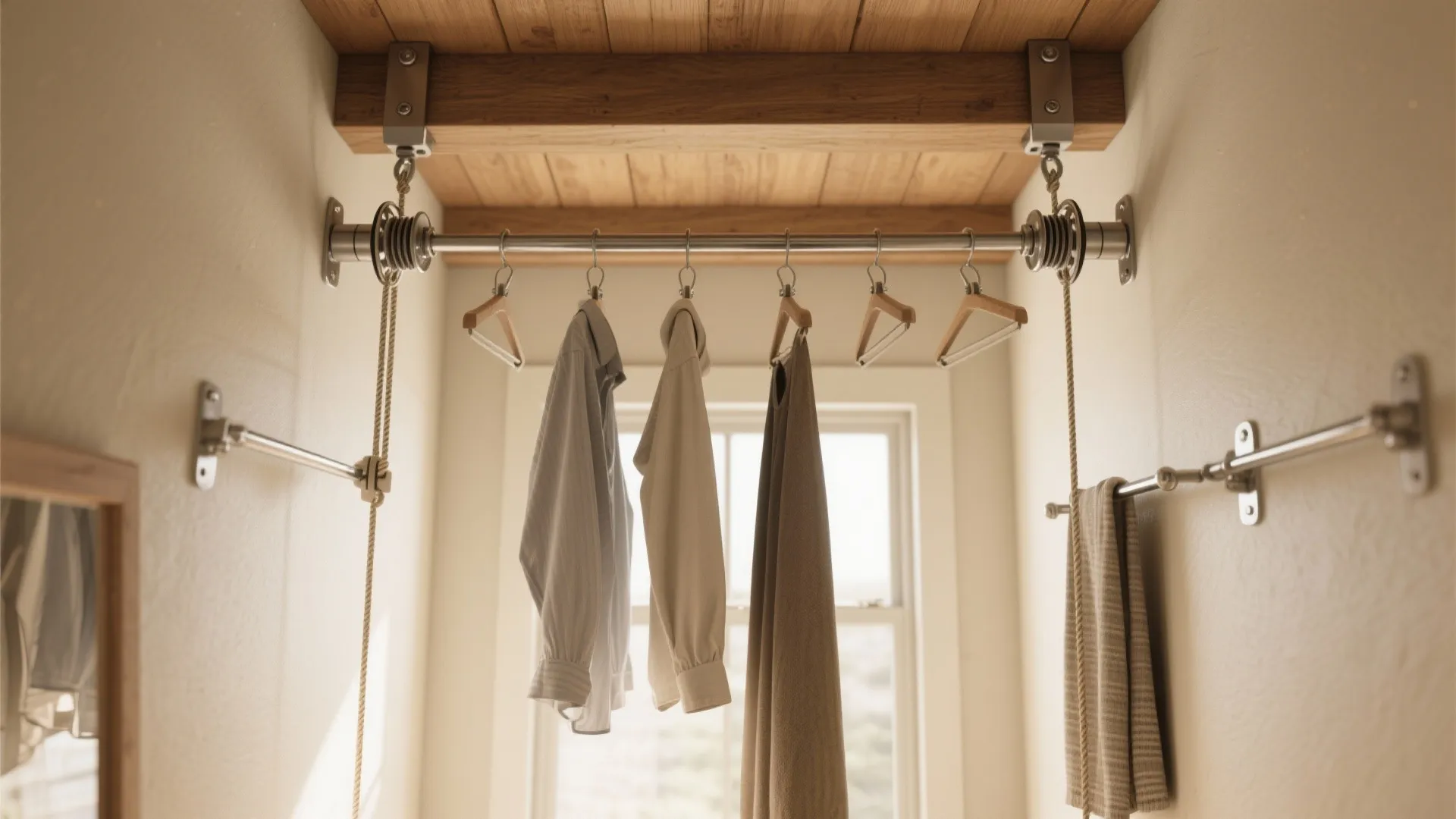 Ceiling-mounted pulley clothes drying rack with wooden hangers holding shirts and pants in a room