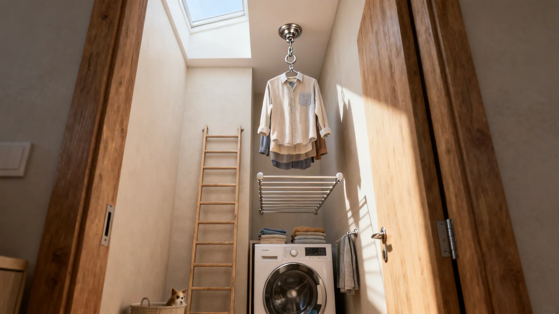 Tiny laundry room with a ceiling-mounted pulley system lifting wet clothes toward the ceiling.