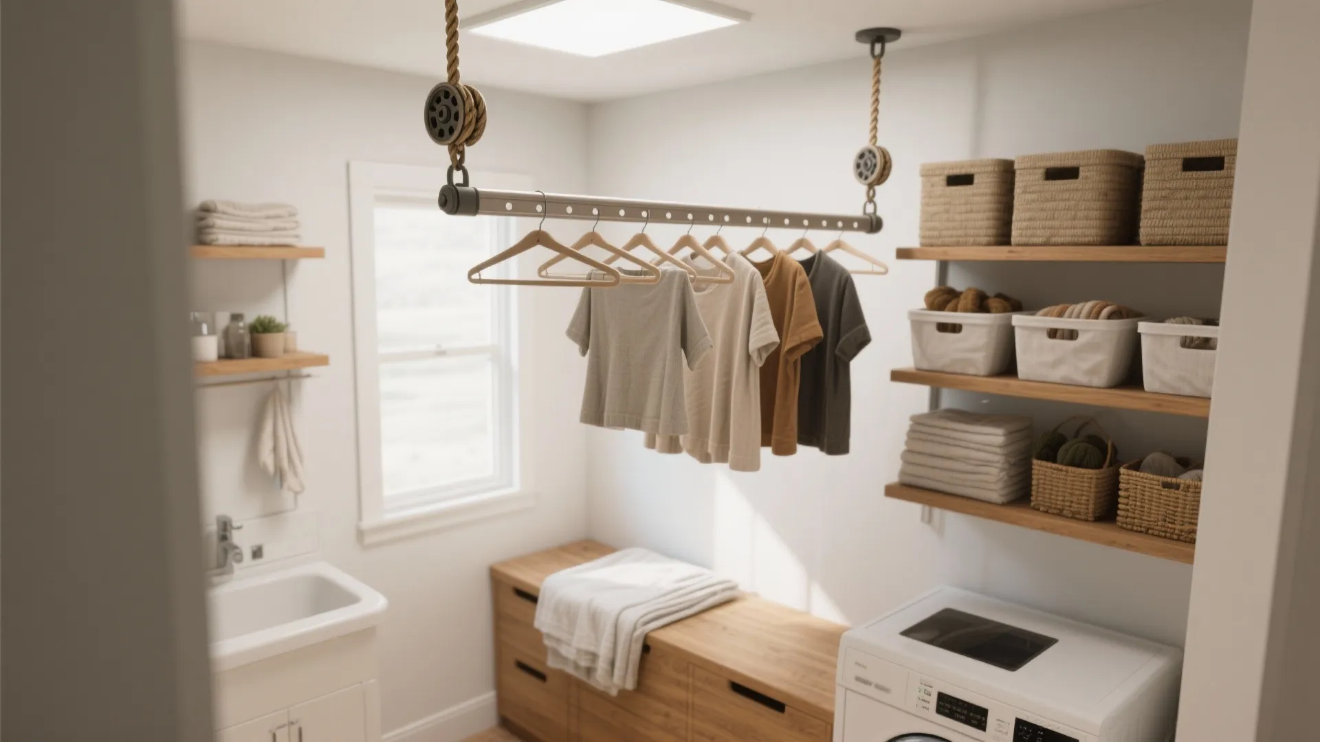 Laundry room featuring a hanging clothes rack with shirts white washing machine and wooden shelves