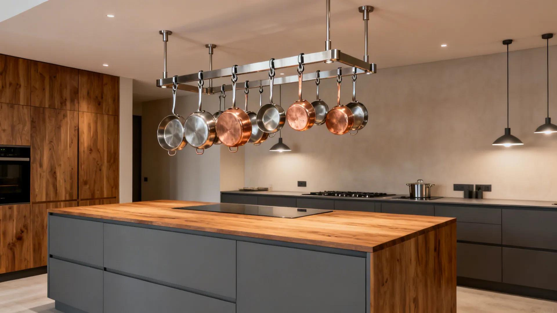 Ceiling-mounted brushed-steel pot rack centered over a wood-topped kitchen island with tidy cookware.
