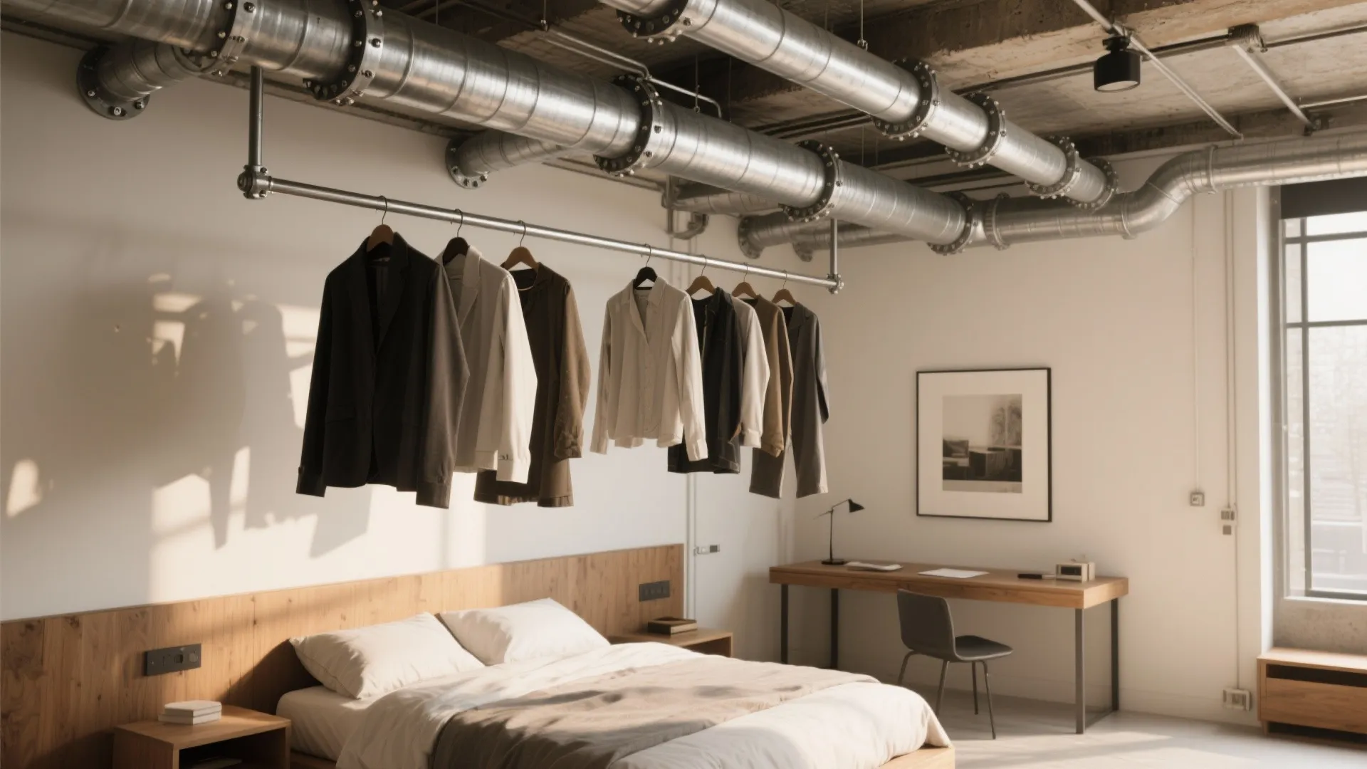 Industrial style bedroom with clothes hanging from ceiling pipes above a bed and a wooden desk