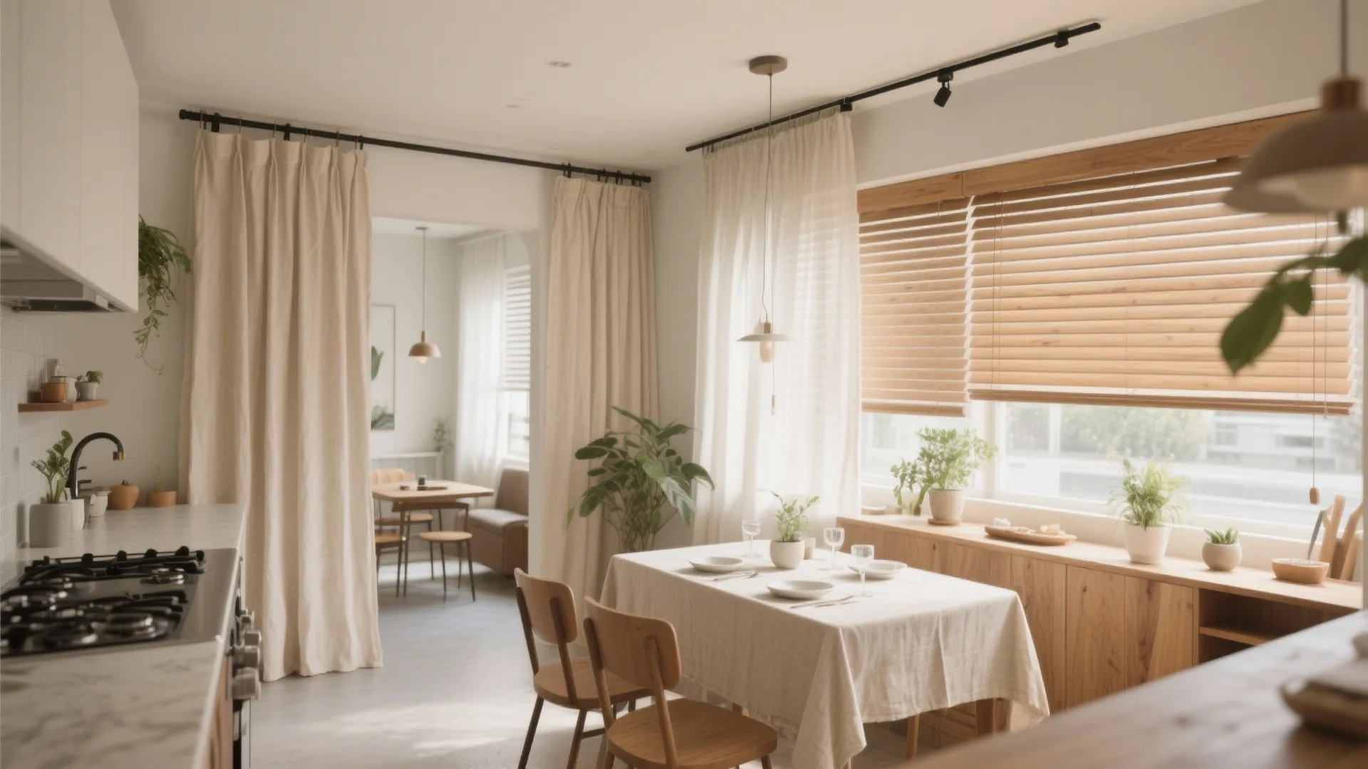 Ceiling rails with curtains or slatted screens