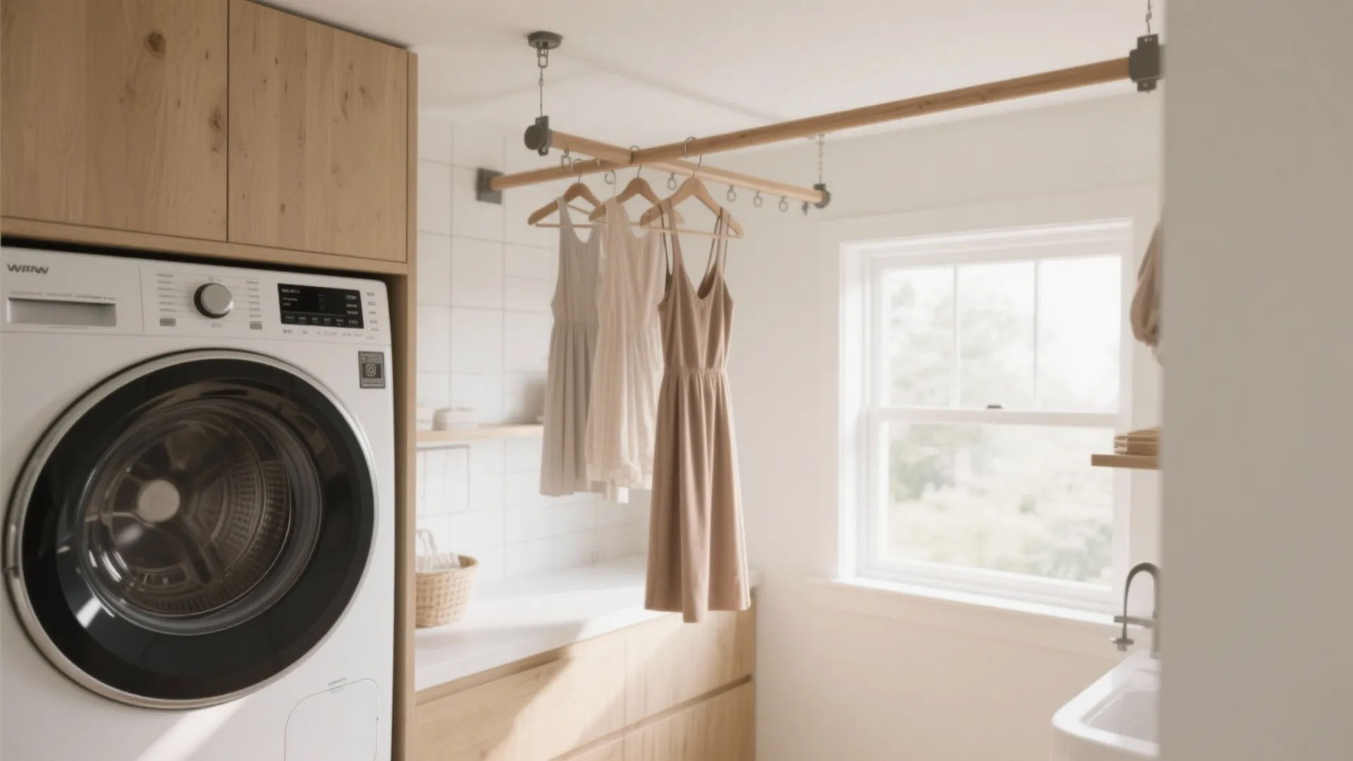 Laundry room with washing machine wooden cabinets and dresses hanging from a ceiling mounted rack