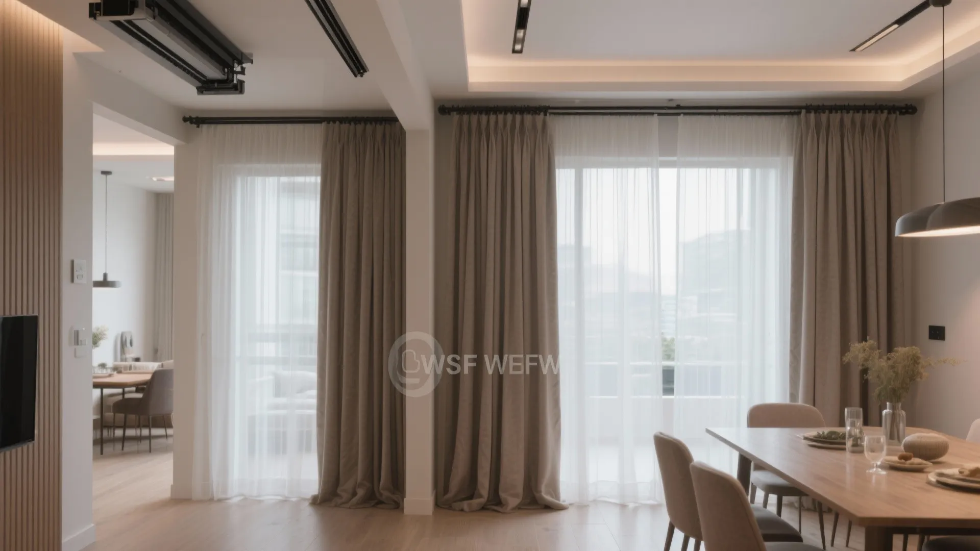 4) Ceiling Rails with Sheer+Blackout Layering