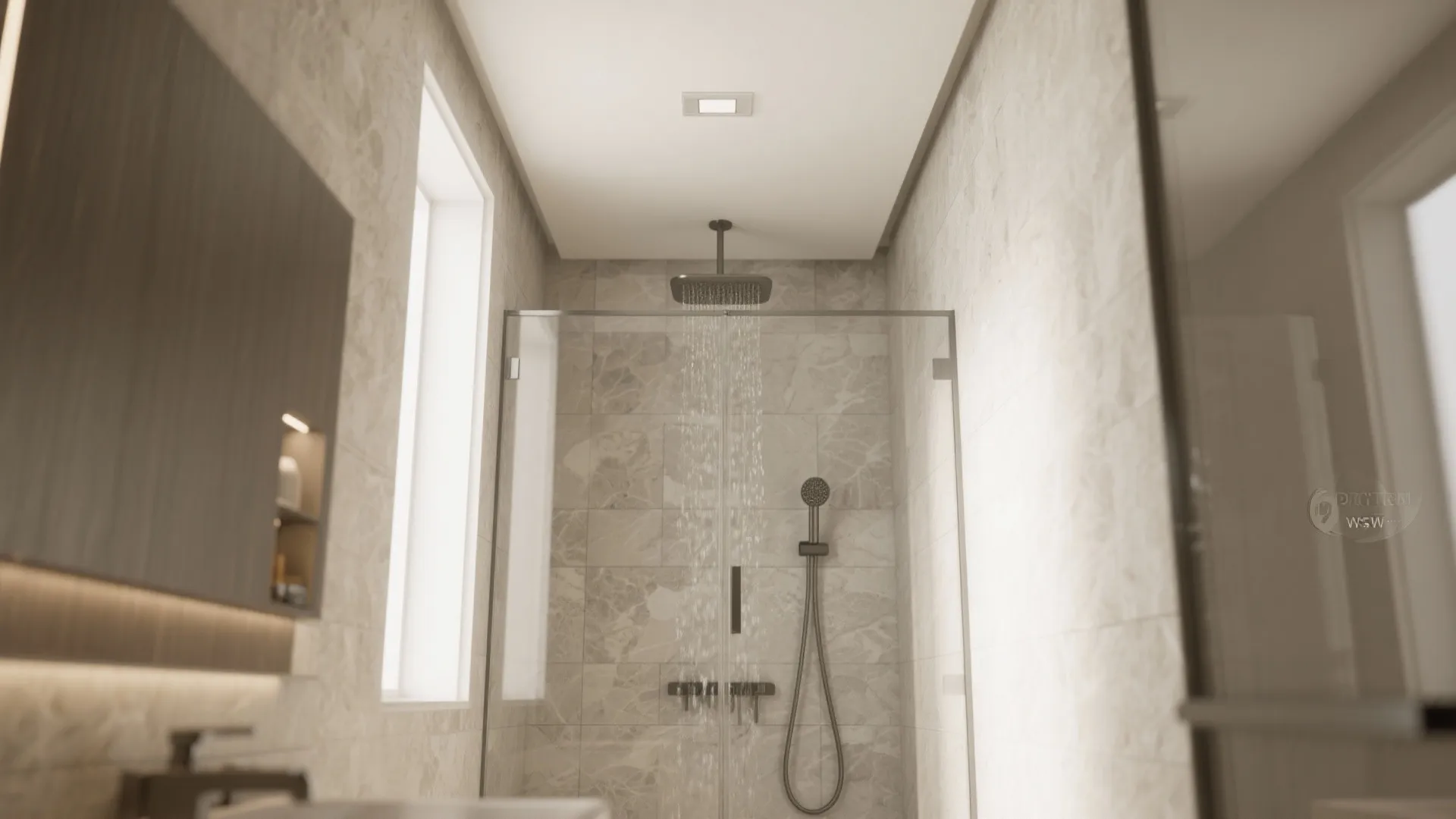 Narrow shower with flush ceiling rain panel and concealed mixer creating a clean, spa-like look.