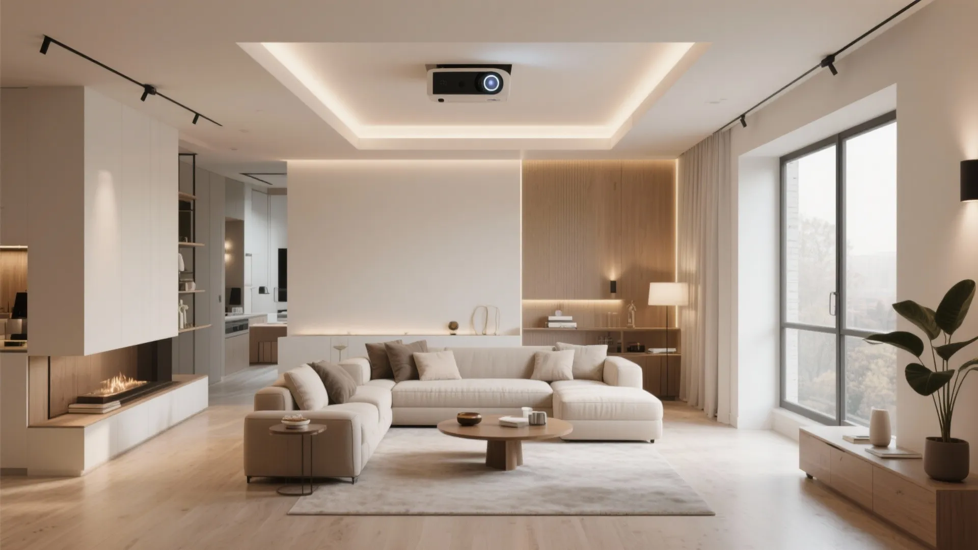 Recessed ceiling-mounted projector hidden in a luxury small loft living room