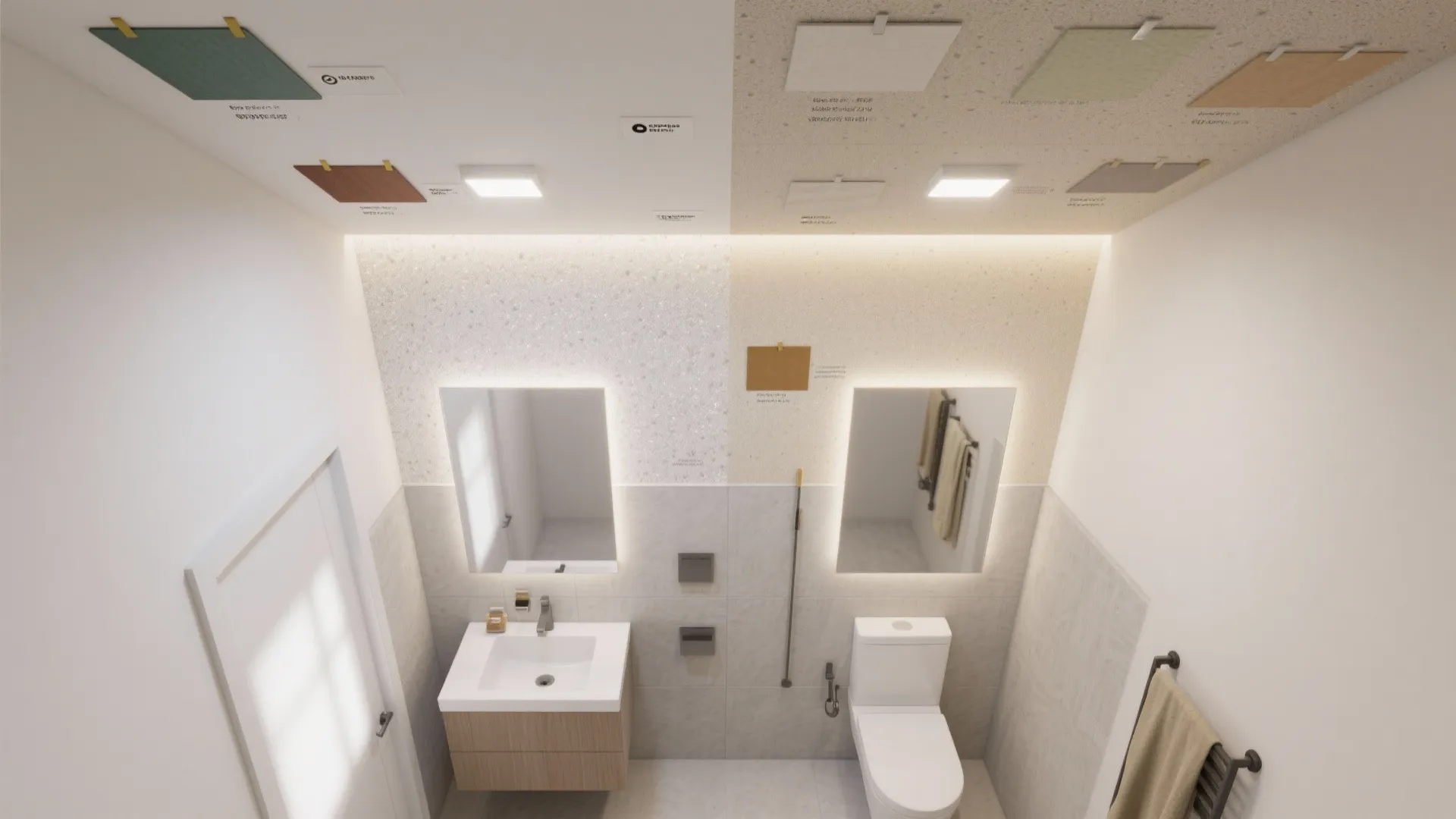 Modern bathroom interior design drawing showing two different lighting and wall color options for comparison