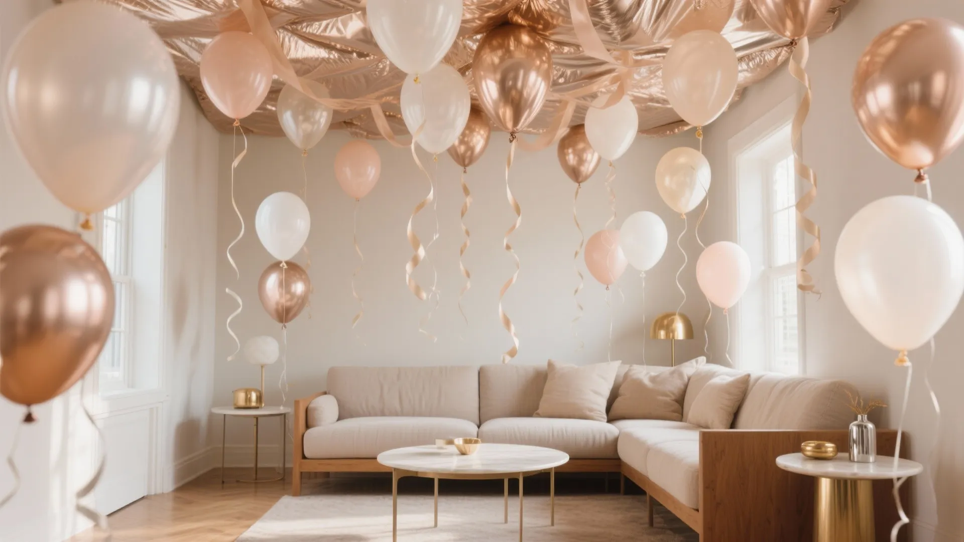 Modern living room featuring a beige sofa with gold party balloons and ceiling fabric decorations