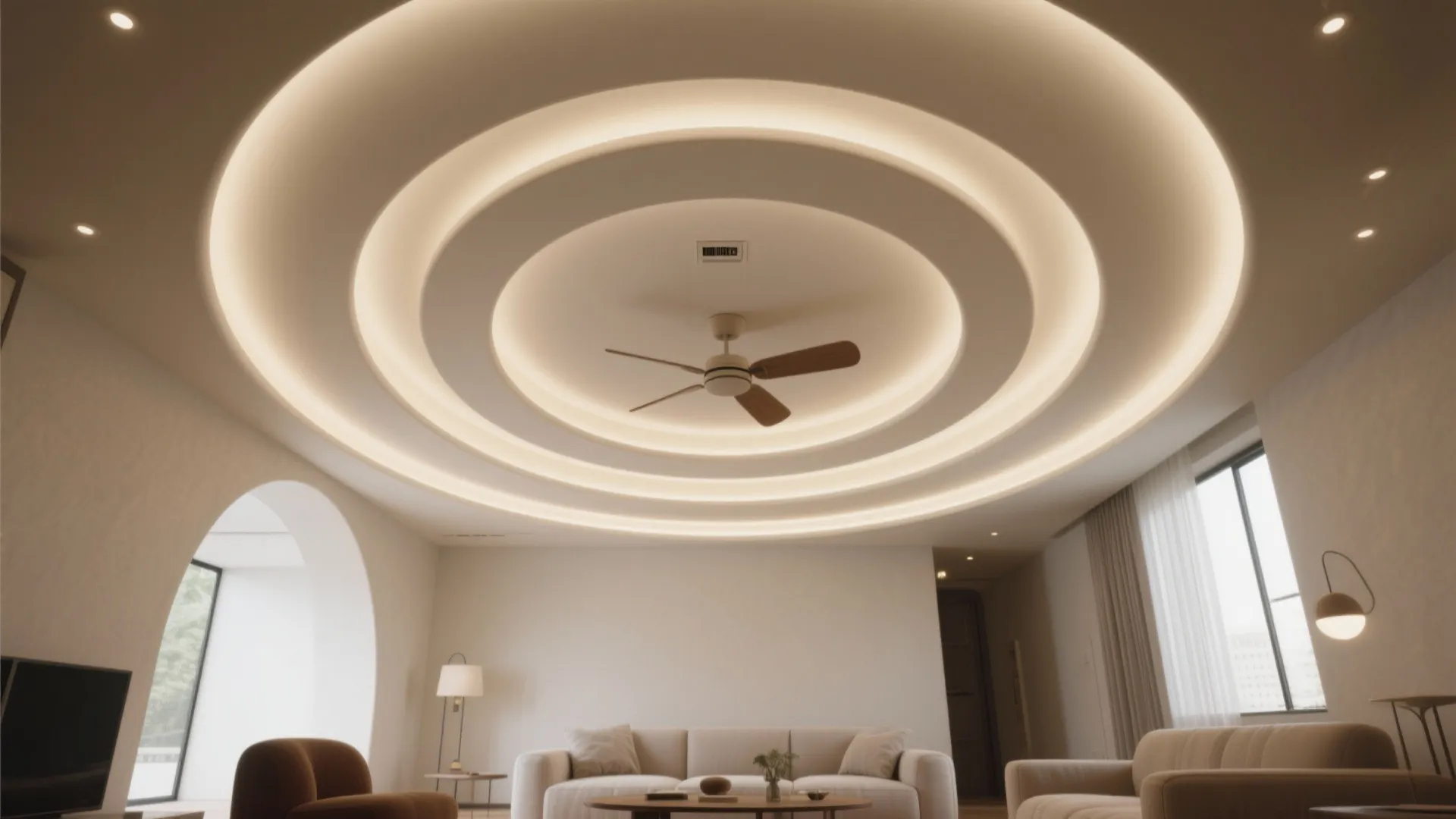 Modern living room with circular recessed ceiling light design ceiling fan beige sofa and wall lights