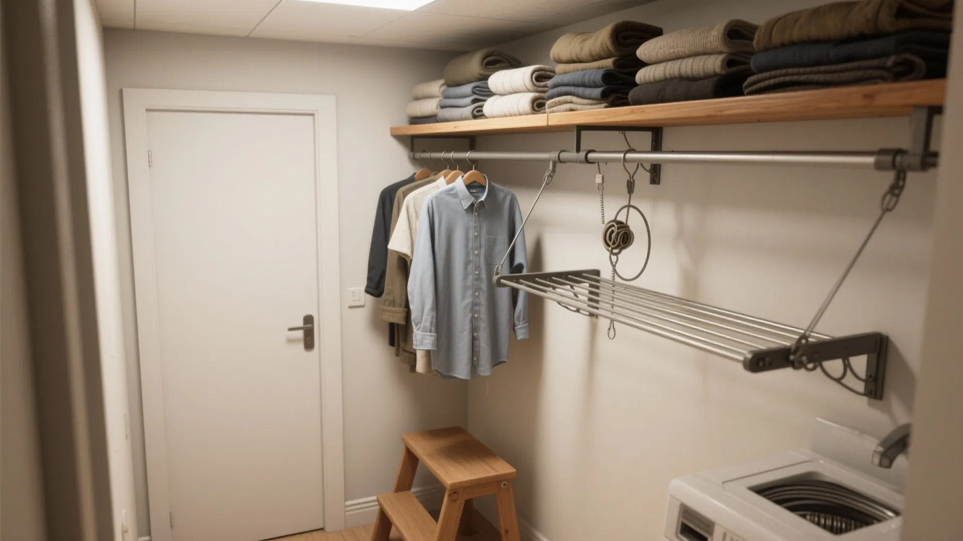 5. Ceiling-mounted shelf plus retractable drying rod