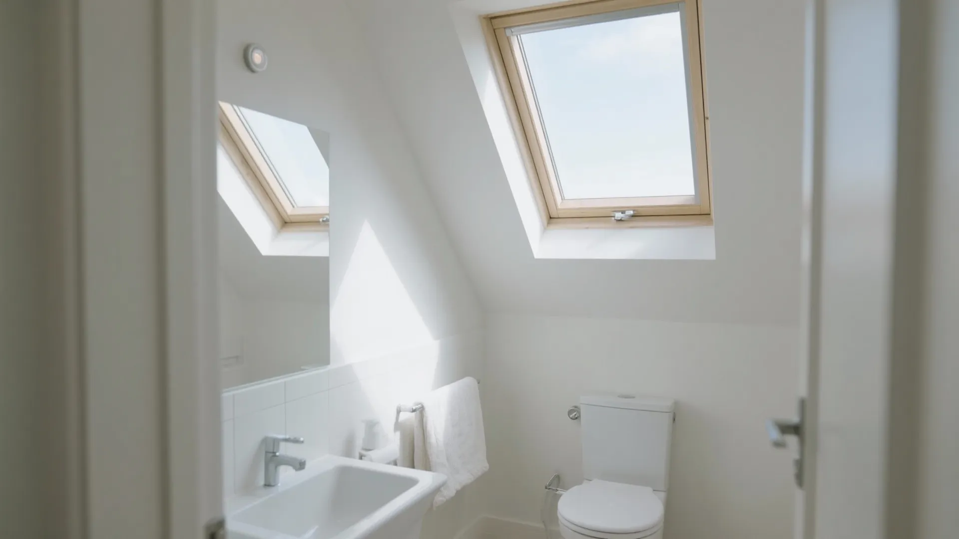 White bathroom with sloped ceiling featuring roof window over toilet sink and mirror with towel
