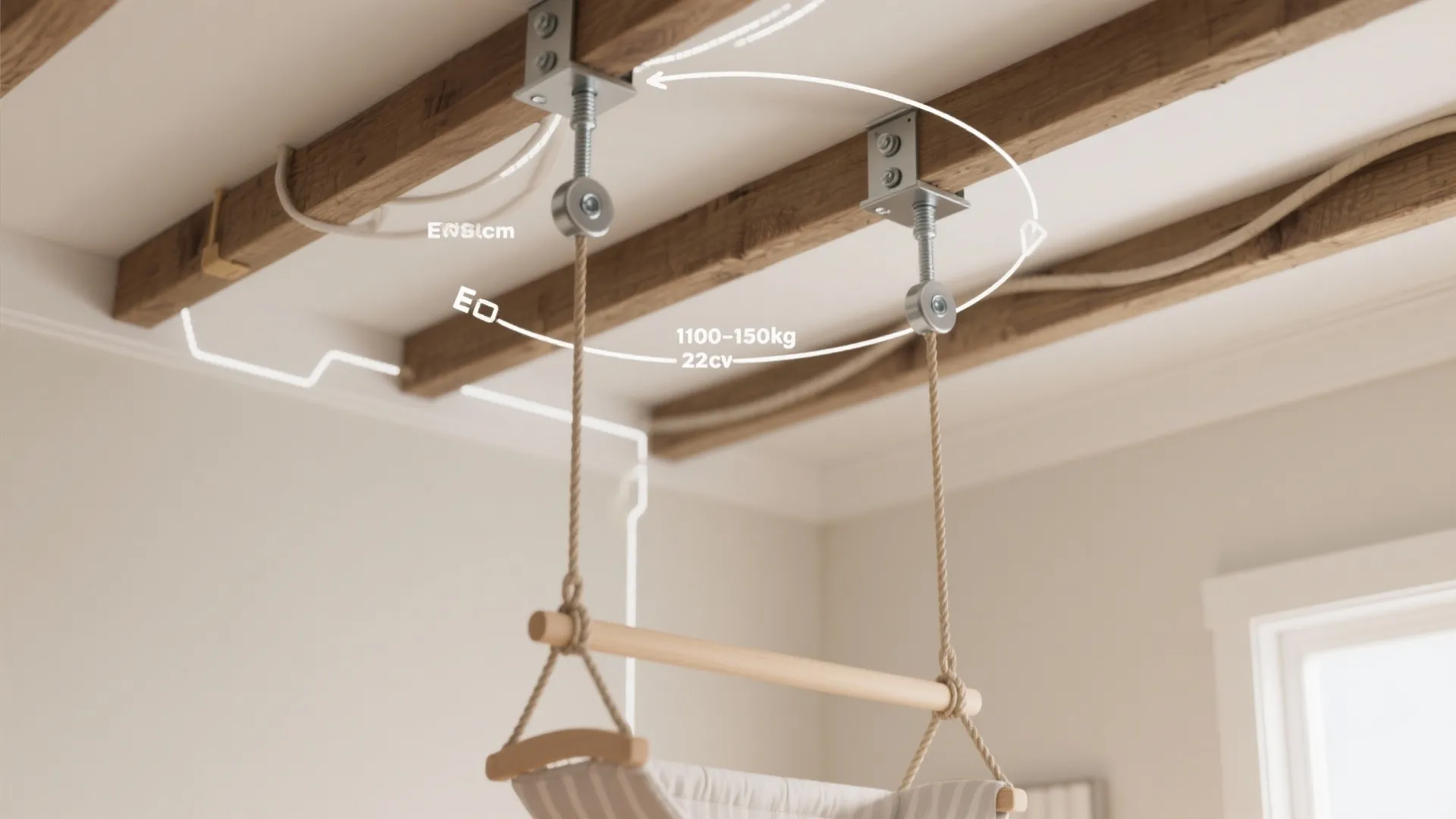 Technical drawing showing how to safely attach a baby swing to wooden ceiling beams using hooks