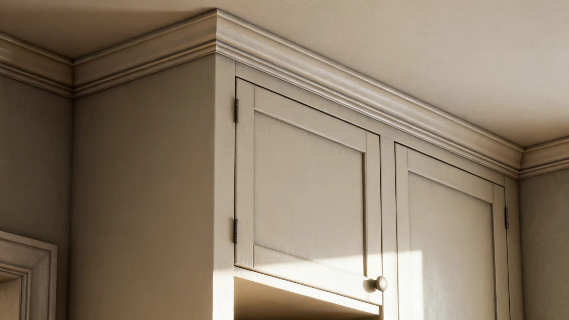 Detail of a tall upper cabinet meeting the ceiling with a clean scribe trim.
