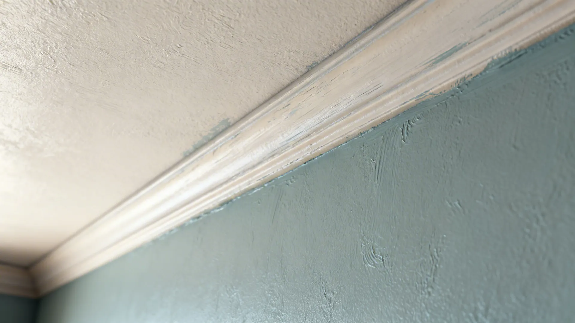 Detail of a slightly lighter ceiling shade meeting the wall to create taller perception.