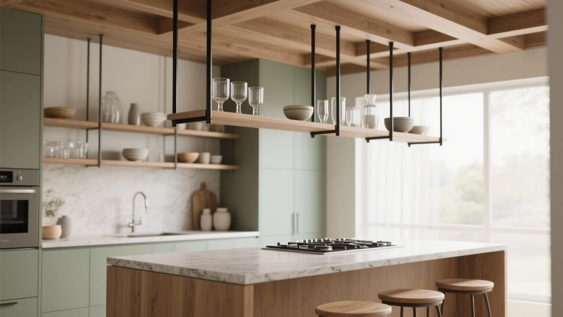 Idea 5: Ceiling-Hung Shelves to Clear Counters