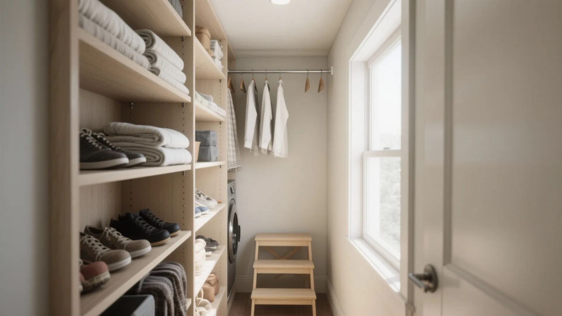 2. Ceiling-high shelving with pull-down rods