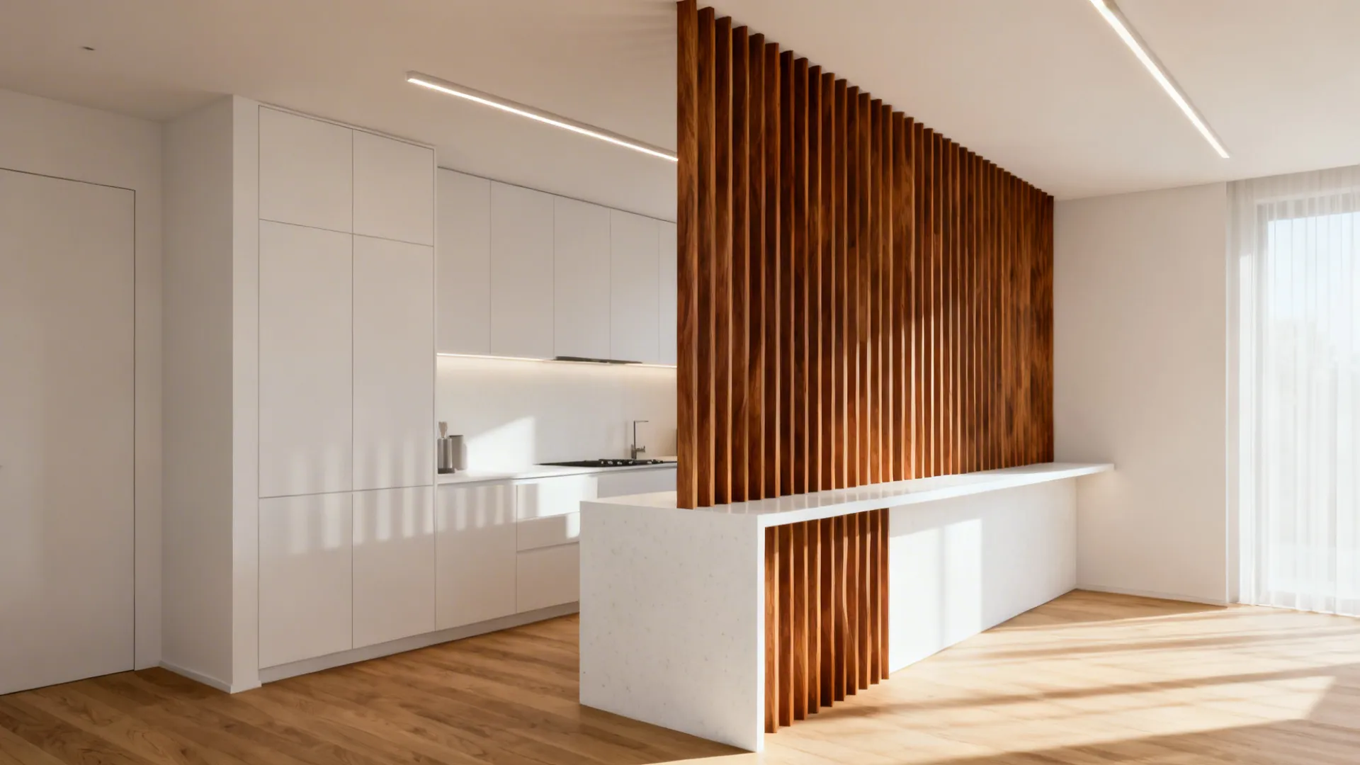 Ceiling-mounted oak slats create a vertical screen that zones a small kitchen while keeping airflow.