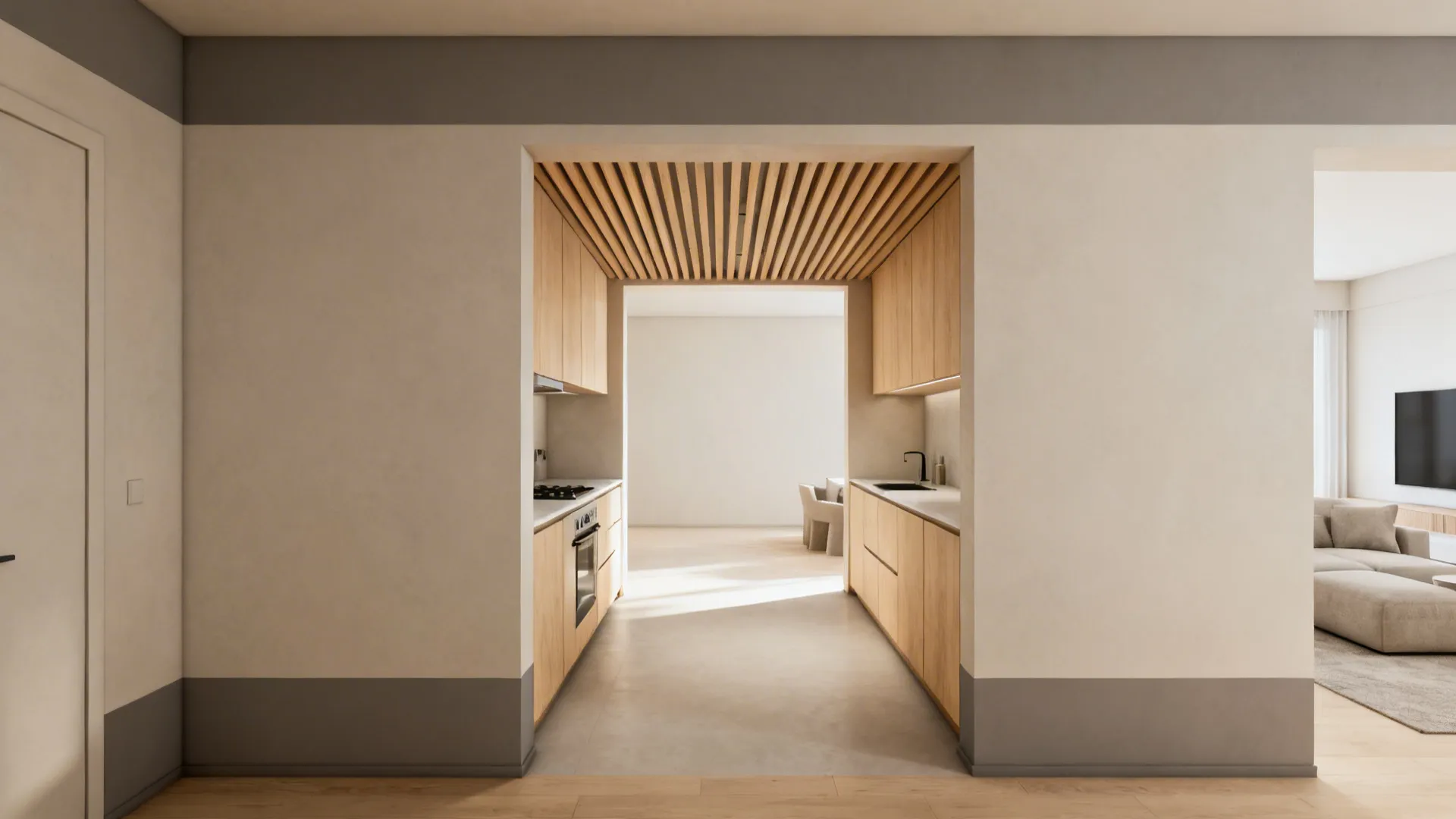 Light oak ceiling slats and a warm gray paint portal define kitchen and lounge zones.