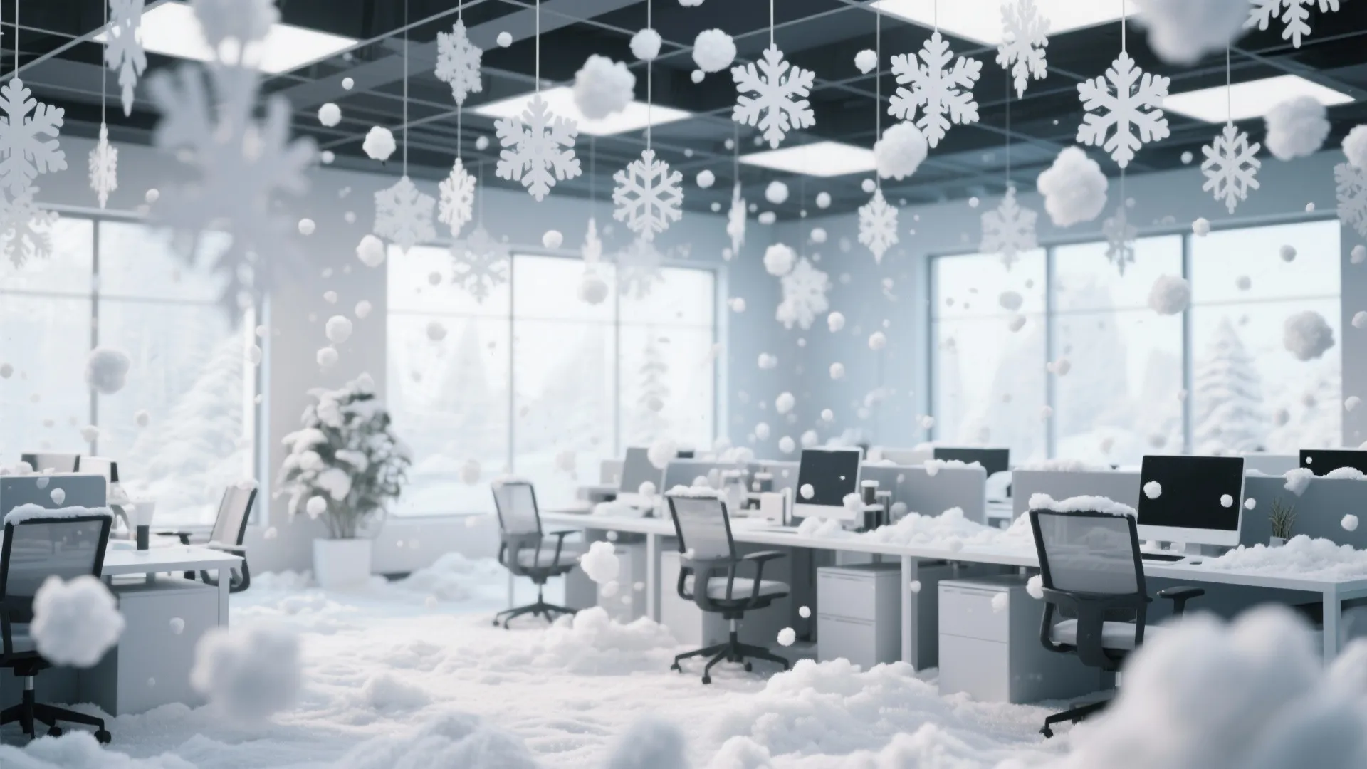 Modern office interior covered in white snow with hanging snowflake decorations and winter window views