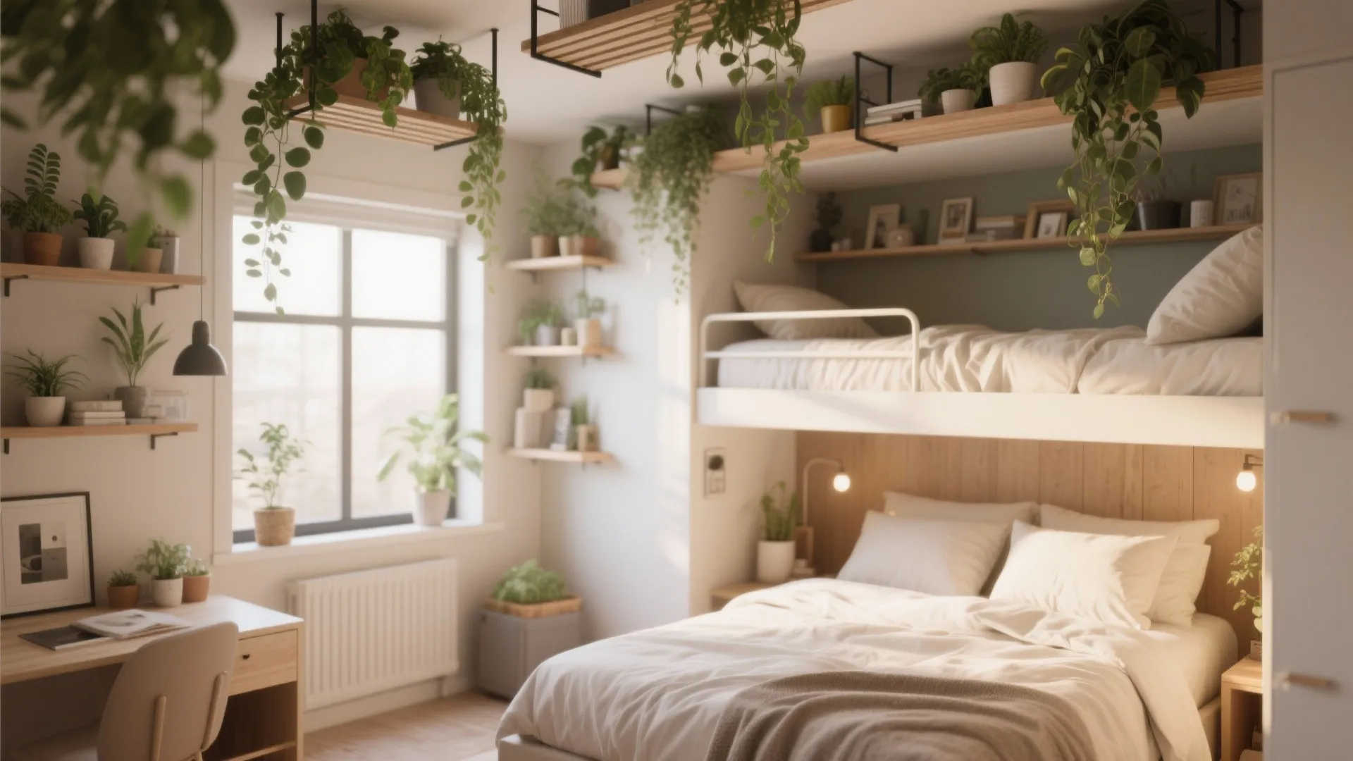 Small bedroom with hanging plants and overhead storage