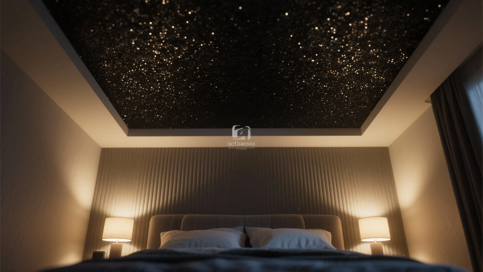 Bedroom with a dark glittery recessed ceiling and two warm table lamps on bedside tables
