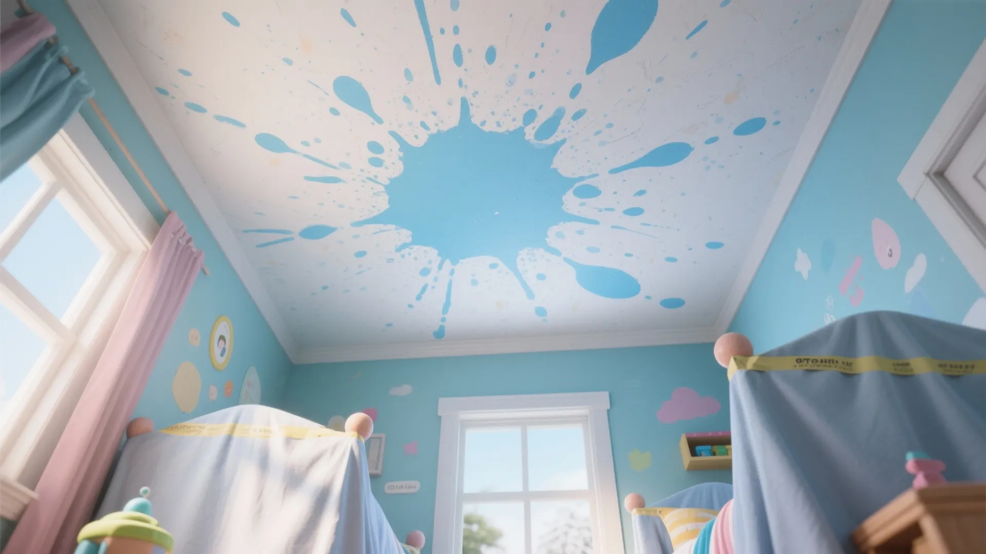 Child bedroom with a large blue paint splash design on the ceiling and light walls