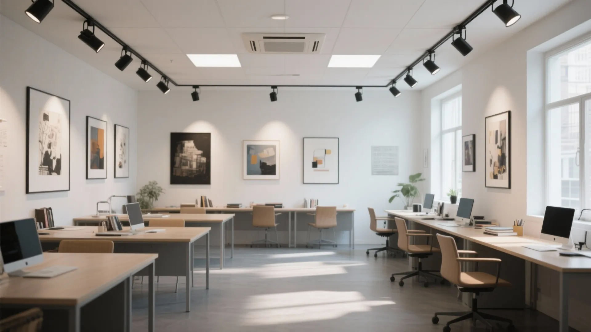 Bright modern office space with multiple wooden desks black track lighting and framed wall art pieces
