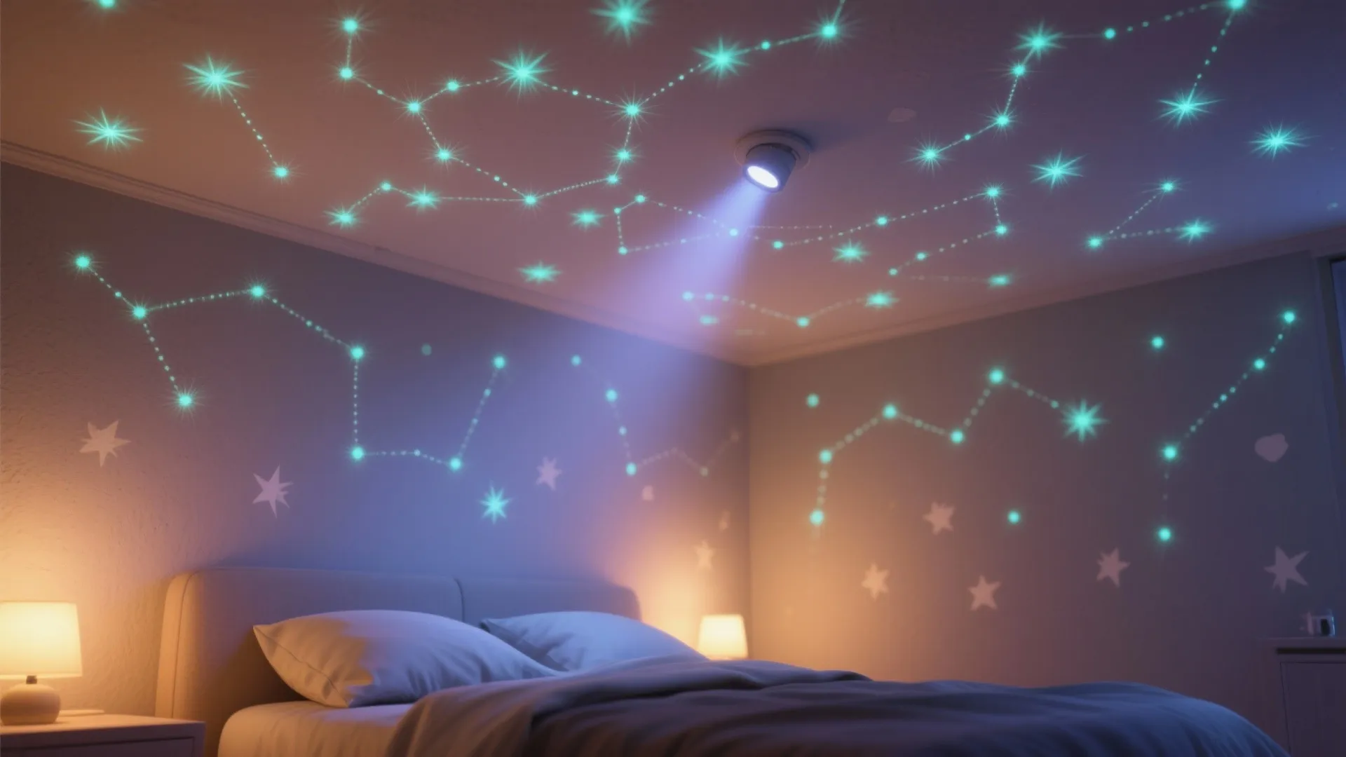 Bedroom ceiling filled with fiber-optic points, glow stickers and subtle painted constellations viewed from the bed.