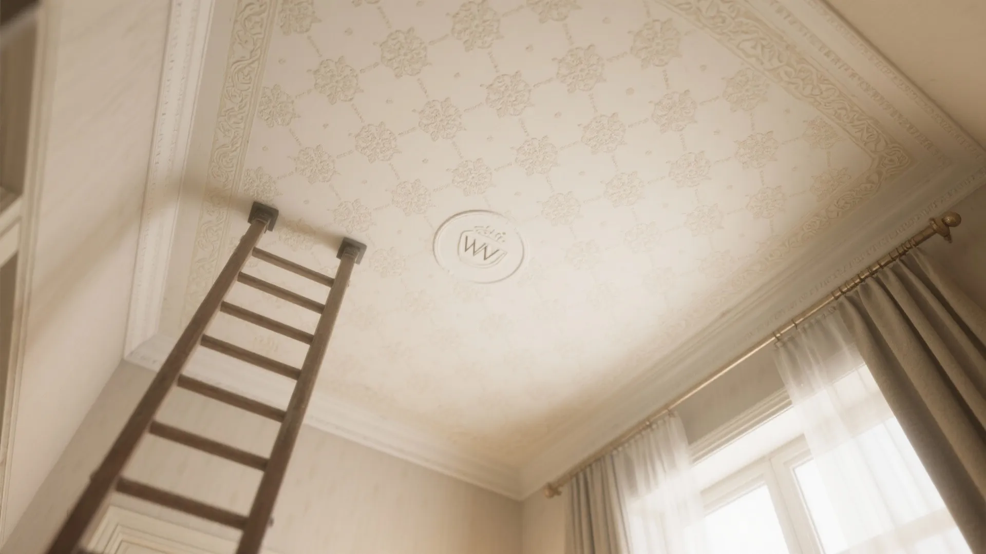Elegant white ceiling with floral patterns wood ladder leaning against wall and curtains near large window