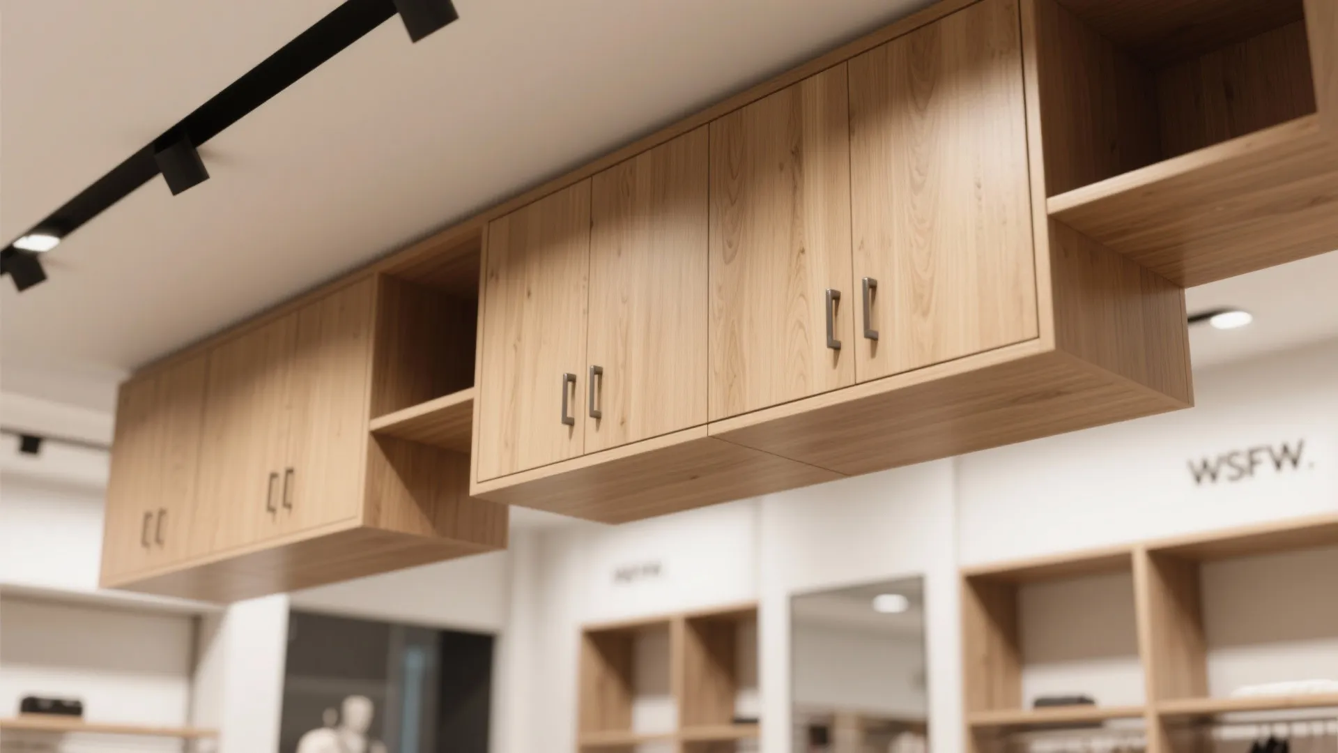 Light wooden wall cabinets hanging from a white ceiling with black light fixtures above them
