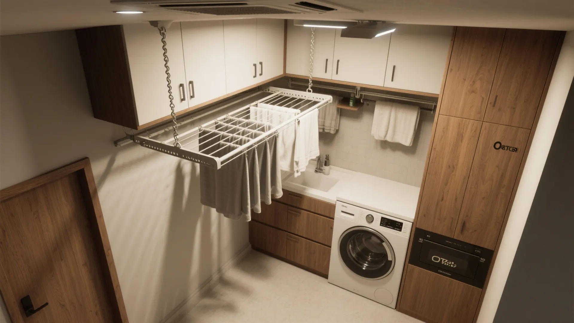 5. Ceiling-Mounted Storage, Retractable Drying Racks and Integrated Fixtures