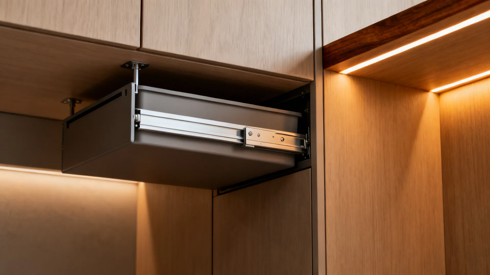 Grey sliding storage drawer installed under wood cabinets with warm built in yellow light fixture